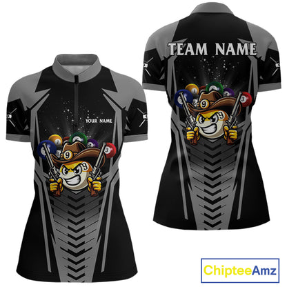 Grey 9 ball cowboy billiard quarter zip shirt for women designed for league tournaments and team events.