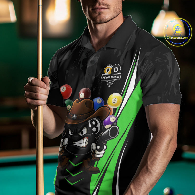Man wearing a black and green 8 ball and 9 ball billiard jersey beside a pool table front view.