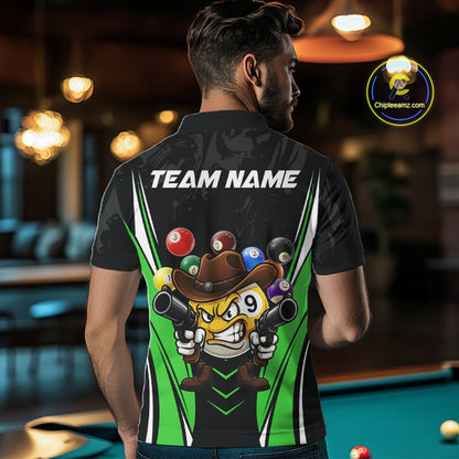 Back view of man wearing a black and green 8 ball and 9 ball pool shirt in a billiards hall.