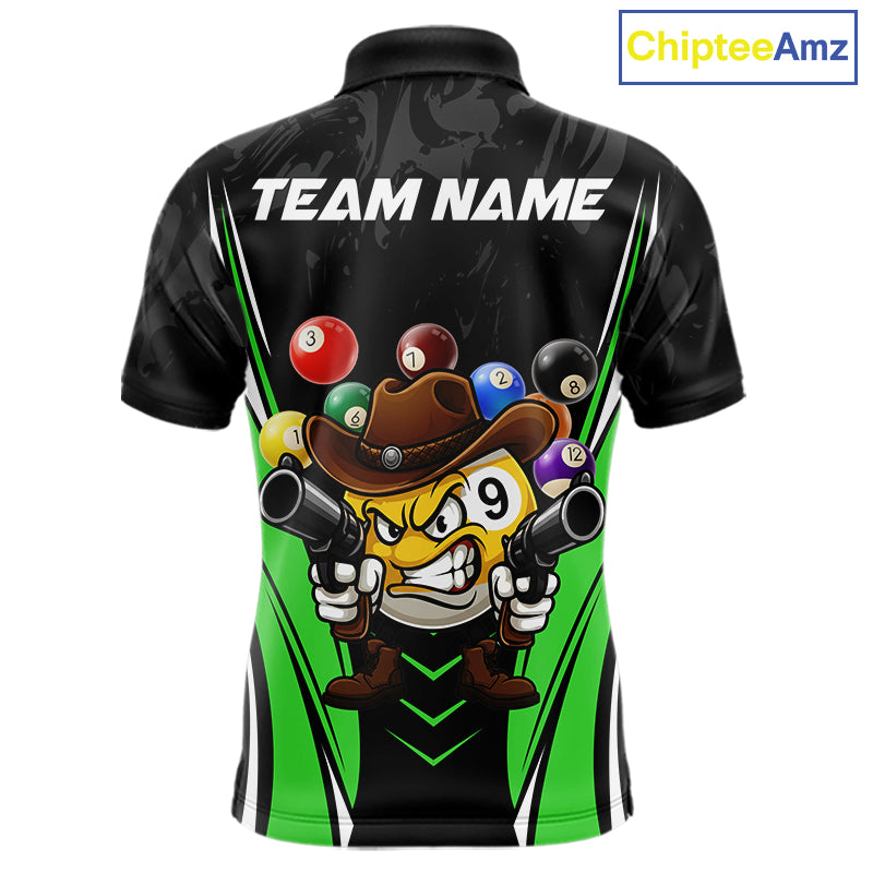 Black and green 8 ball and 9 ball billiard polo shirt for men with custom pool team graphics.