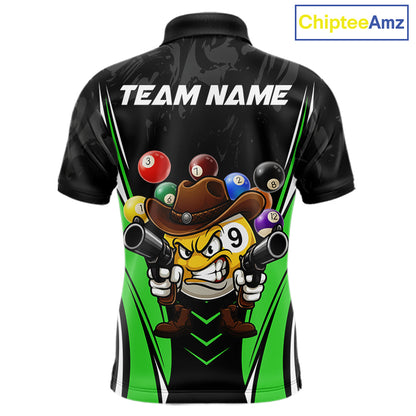 Black and green 8 ball and 9 ball billiard polo shirt for men with custom pool team graphics.