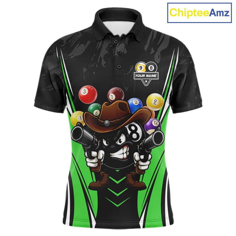 Black and green 8 ball and 9 ball billiard polo shirt for men with custom pool team graphics.