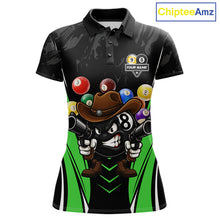 Load image into Gallery viewer, Black and green 8 ball and 9 ball billiard polo shirt for women with custom pool team graphics.
