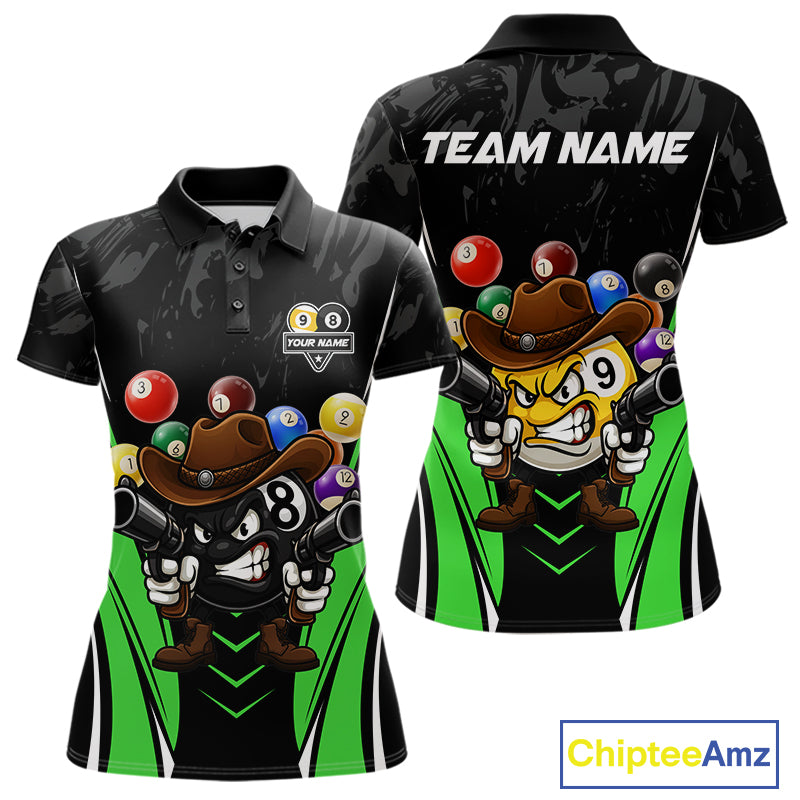 Black and green 8 ball and 9 ball billiard polo shirt for women with custom pool team graphics.