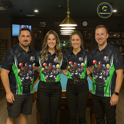 Pool team wearing matching black and green 8 ball and 9 ball billiard jerseys during tournament matches front view.