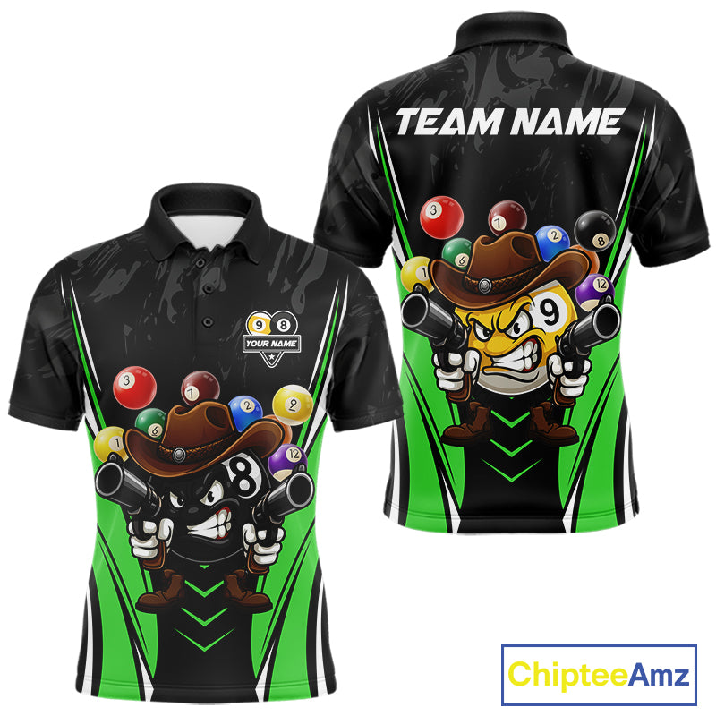 Black and green 8 ball and 9 ball billiard polo shirt for men with custom pool team graphics.