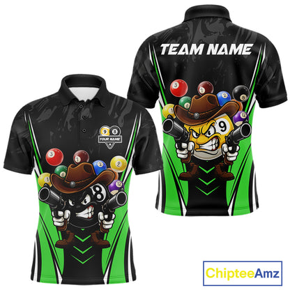 Black and green 8 ball and 9 ball billiard polo shirt for men with custom pool team graphics.