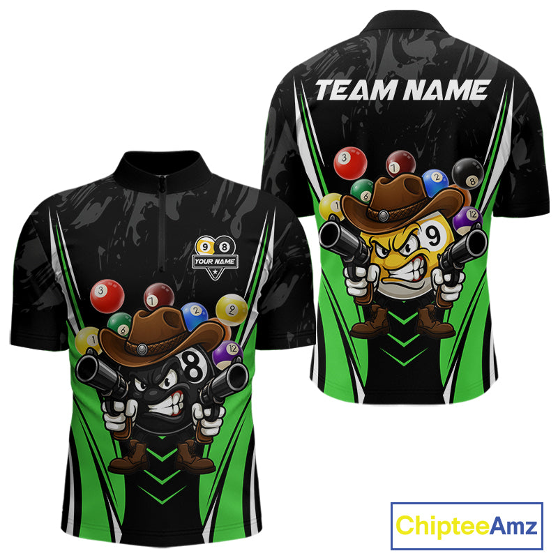 Black and green 8 ball and 9 ball billiard quarter zip shirt for men built for tournaments and league play.
