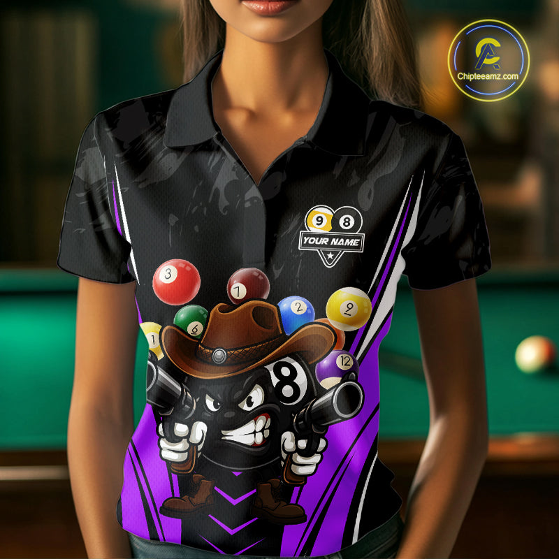Woman wearing a black and purple 8 ball and 9 ball billiard jersey beside a pool table front view.
