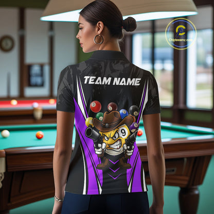 Back view of woman wearing a black and purple 8 ball and 9 ball pool shirt in a billiards hall.