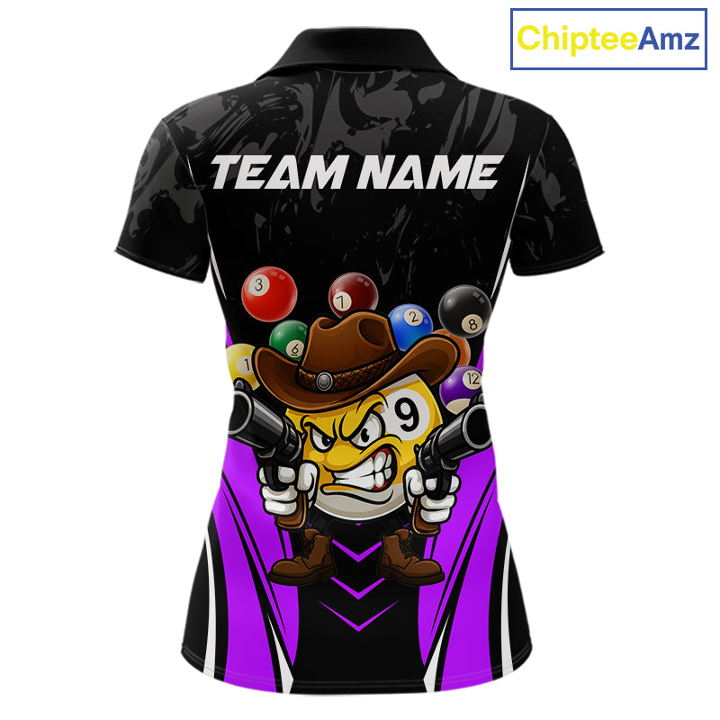 Black and purple 8 ball and 9 ball billiard polo shirt for women with custom pool team graphics.