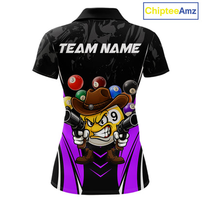 Black and purple 8 ball and 9 ball billiard polo shirt for women with custom pool team graphics.