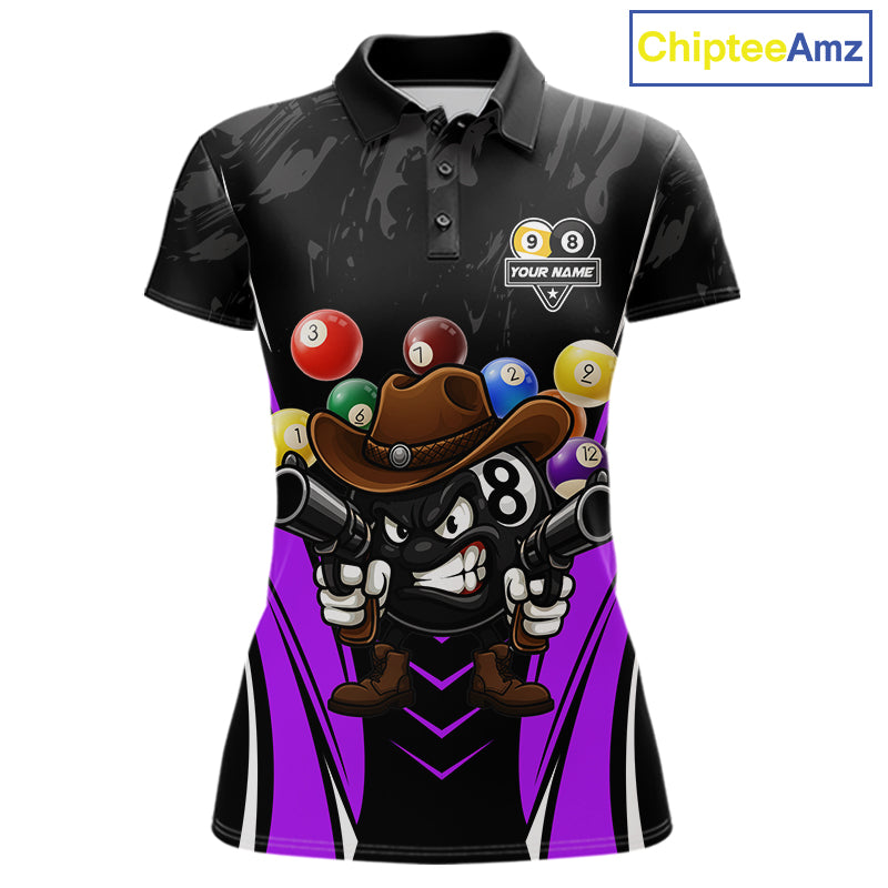 Black and purple 8 ball and 9 ball billiard polo shirt for women with custom pool team graphics.