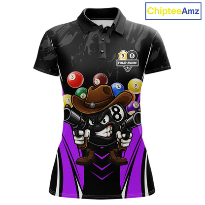 Black and purple 8 ball and 9 ball billiard polo shirt for women with custom pool team graphics.