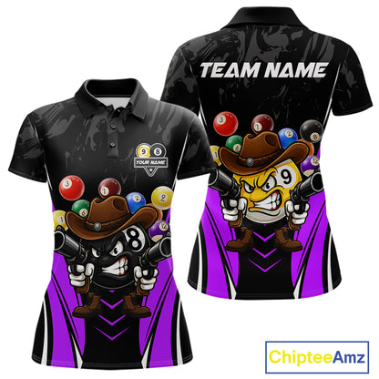 Black and purple 8 ball and 9 ball billiard polo shirt for women with custom pool team graphics.