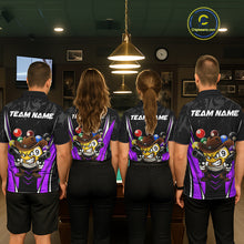 Load image into Gallery viewer, Back view of pool players wearing matching black and purple billiard shirts in a game room.