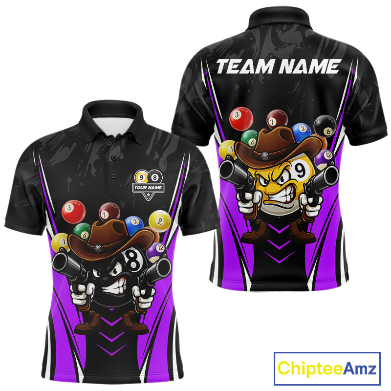 Black and purple 8 ball and 9 ball billiard polo shirt for men with custom pool team graphics.