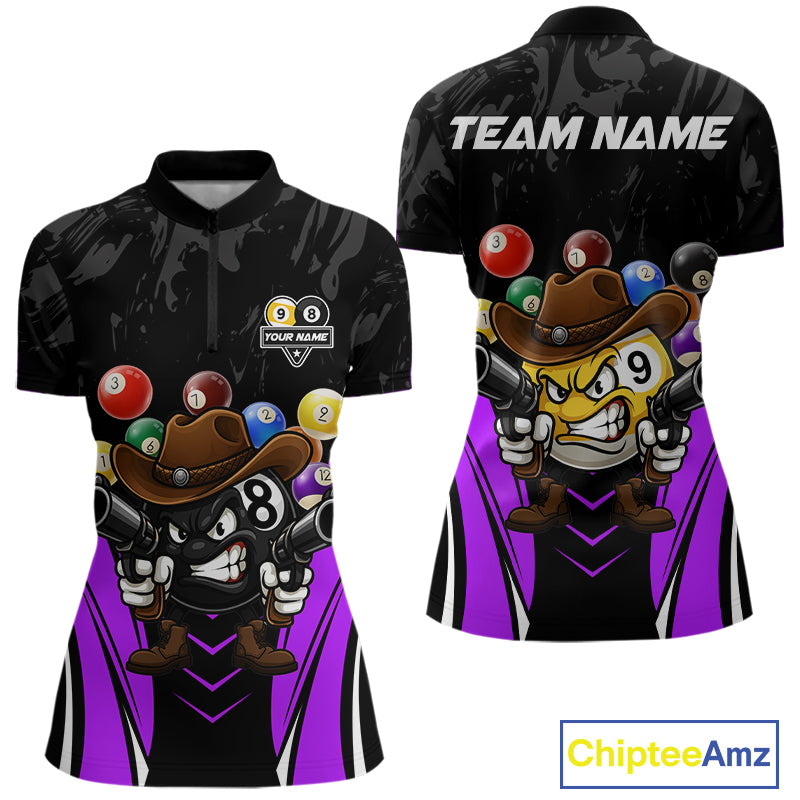 Black and purple 8 ball and 9 ball billiard quarter zip shirt for women designed for league tournaments and team events.