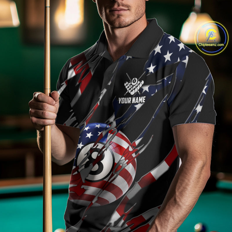 Man wearing an American flag 8 ball pool billiard jersey beside a pool table front view.