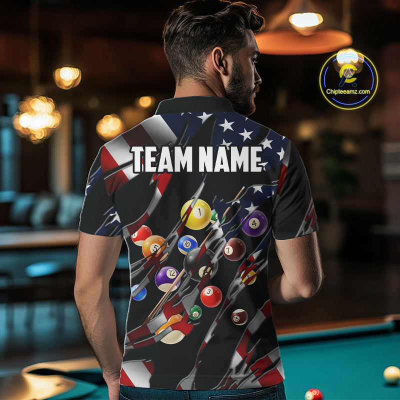 Back view of man wearing an American flag 8 ball pool billiard shirt in a billiards hall.