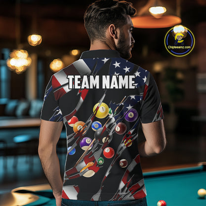 Back view of man wearing an American flag 8 ball pool billiard shirt in a billiards hall.