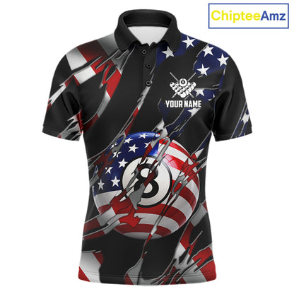 American flag 8 ball pool billiard polo shirt for men with patriotic pool team graphics.
