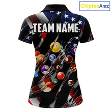 Load image into Gallery viewer, American flag 8 ball pool billiard polo shirt for women with patriotic pool team graphics.