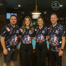 Load image into Gallery viewer, Pool team wearing matching American flag 8 ball billiard jerseys during tournament competition front view.