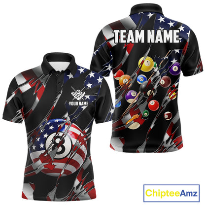 American flag 8 ball pool billiard polo shirt for men with patriotic pool team graphics.
