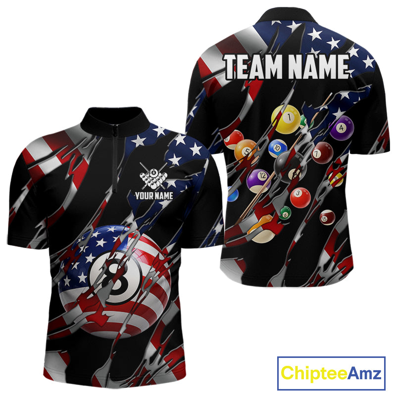 American flag 8 ball pool billiard quarter zip shirt for men designed for league tournaments and team events.