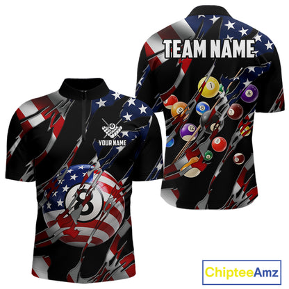 American flag 8 ball pool billiard quarter zip shirt for men designed for league tournaments and team events.