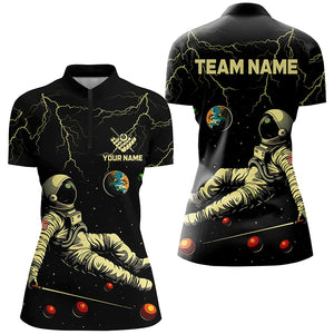 Personalized Black Astronaut Lightning Galaxy Billiard Shirts For Women, Funny Billiard Apparel TDM2029