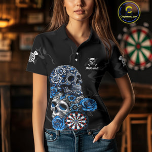 Personalized Blue Funny Skull Roses Darts Shirt For Women Custom Darts Team Jersey, Darts Outfit TDM4355
