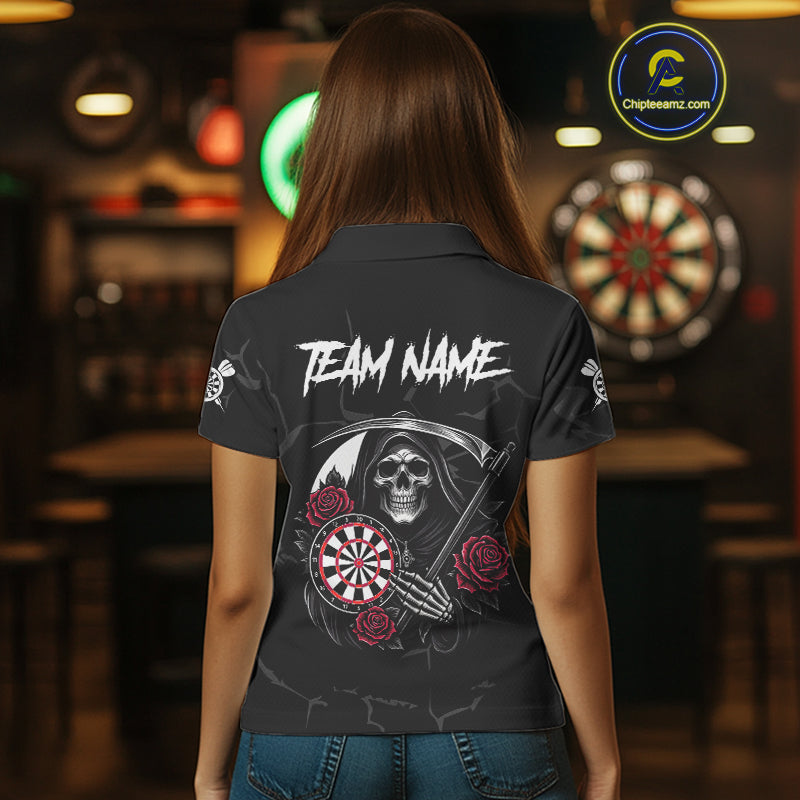 Personalized Red Funny Skull Roses Darts Shirt For Women Custom Darts Team Jersey, Darts Outfit TDM4356