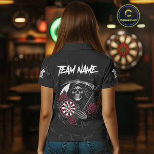 Personalized Red Funny Skull Roses Darts Shirt For Women Custom Darts Team Jersey, Darts Outfit TDM4356