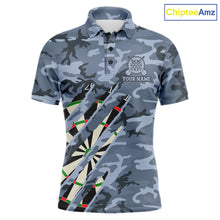 Load image into Gallery viewer, Personalized blue military camo darts league team jersey polo shirt for men featuring blue camouflage artwork, premium custom darts league apparel for tournaments and competitive teams.