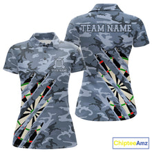 Load image into Gallery viewer, Personalized blue military camo darts league team jersey polo shirt for women featuring blue camouflage artwork, premium custom darts league apparel for tournaments and competitive teams.