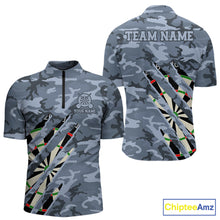 Load image into Gallery viewer, Personalized blue military camo darts league team jersey quarter zip shirt for men featuring blue camouflage graphics, premium custom darts apparel.