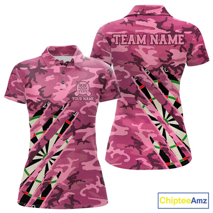 Personalized pink military camo darts league team jersey polo shirt for women featuring pink camouflage artwork, premium custom darts league apparel for tournaments and competitive teams.