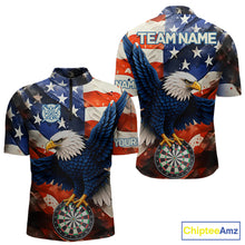 Load image into Gallery viewer, Personalized American flag eagle darts team jersey quarter zip shirt for men featuring bold American flag eagle graphics, premium custom darts apparel.