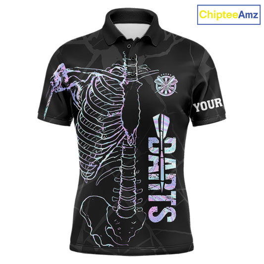 Personalized holographic funny skeleton darts team jersey polo shirt for men featuring vibrant holographic skeleton artwork, premium custom darts league apparel and unique darts gifts.