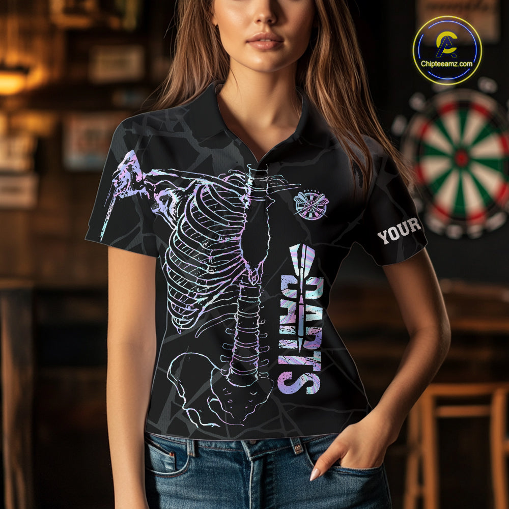 Woman wearing personalized holographic funny skeleton darts team jersey polo shirt featuring holographic skeleton artwork, front view.