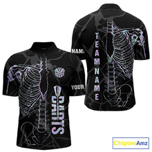 Load image into Gallery viewer, Personalized holographic funny skeleton darts team jersey quarter zip shirt for men featuring colorful holographic skeleton graphics, premium custom darts apparel.