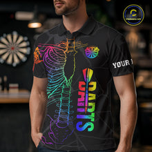 Load image into Gallery viewer, Man wearing colorful rainbow funny skeleton darts team jersey polo shirt featuring rainbow skeleton artwork, front view.