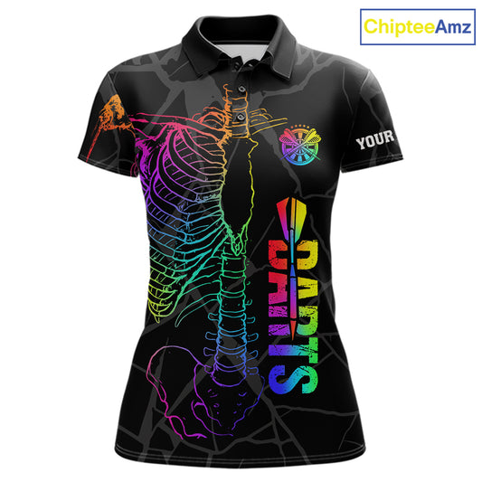 Colorful rainbow funny skeleton darts team jersey polo shirt for women featuring a vibrant rainbow skeleton design, premium custom darts league apparel and unique darts gifts.
