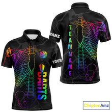 Load image into Gallery viewer, Colorful rainbow funny skeleton darts team jersey polo shirt for men featuring a vibrant rainbow skeleton design, premium custom darts league apparel and unique darts gifts.