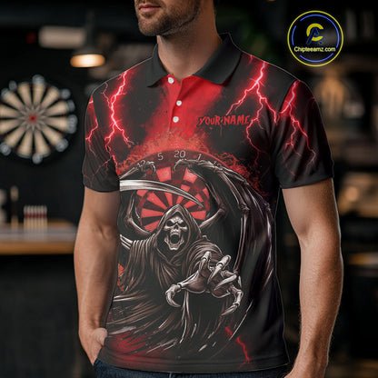 Personalized Red Grim Reaper Thunder Lightning Darts Shirt For Men, 3D Darts Team Jerseys TDM4588