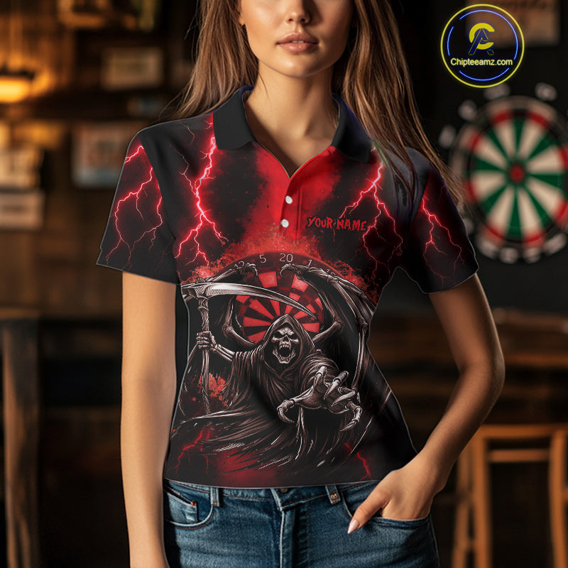 Personalized Red Grim Reaper Thunder Lightning Darts Shirt For Women, 3D Darts Team Jerseys TDM4588