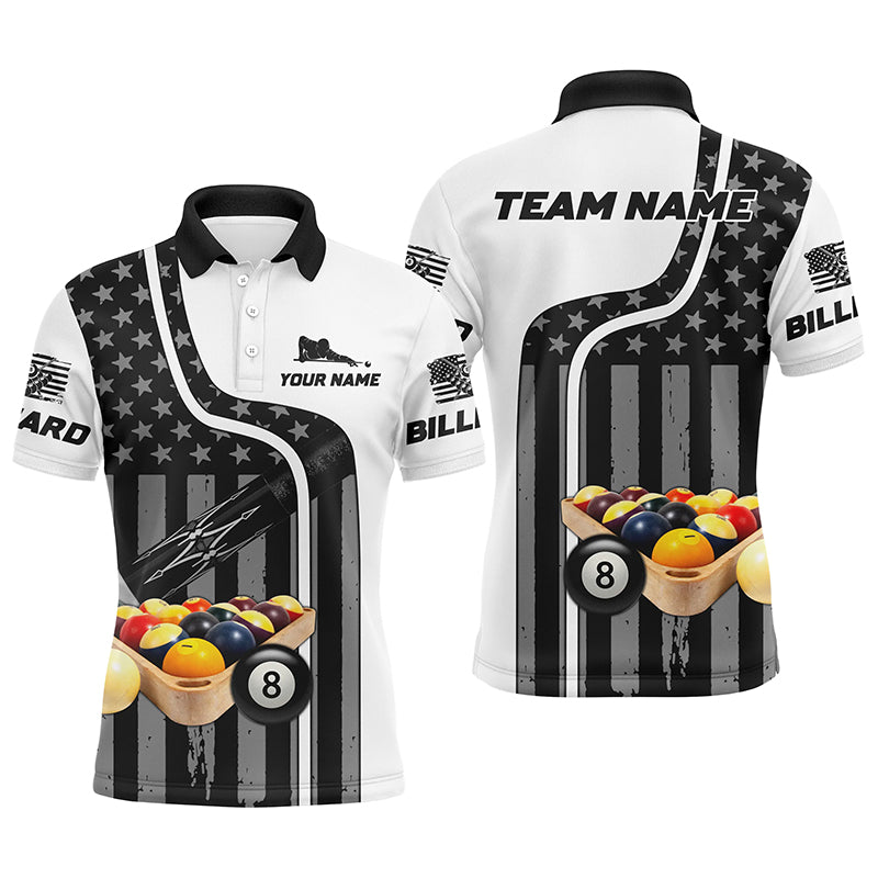 Billiard Balls American Flag Custom Name 3D Billiard Polo Shirts For Men, Best Billiards Gift Idea TDM0118