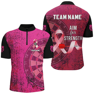 Pink Ribbon Aim For Strength Custom Darts Shirts For Men, Breast Cancer Pink Darts Team Jerseys TDM2508